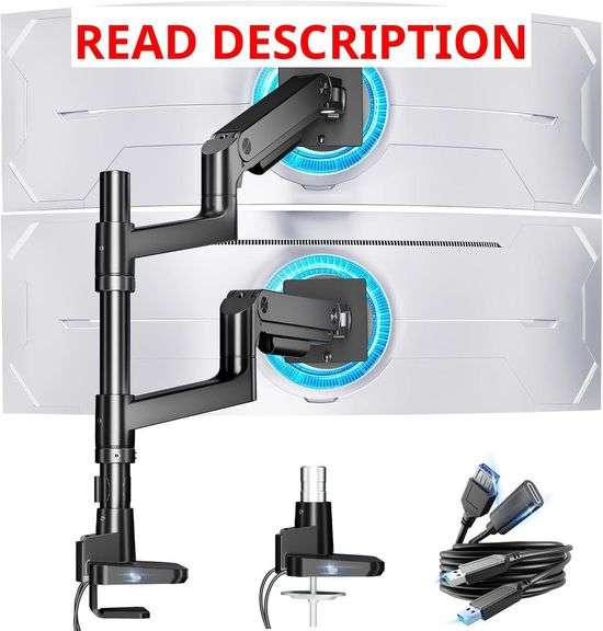 ARES WING Dual Monitor Arm for Ultrawide Heavy Duty Curved Monitor Stacking, Fits 17-49 Inch, Vertical Gas Spring Double Monitor Mount with USB, Adjustable Dual Monitor Mount for Desk, Black image
