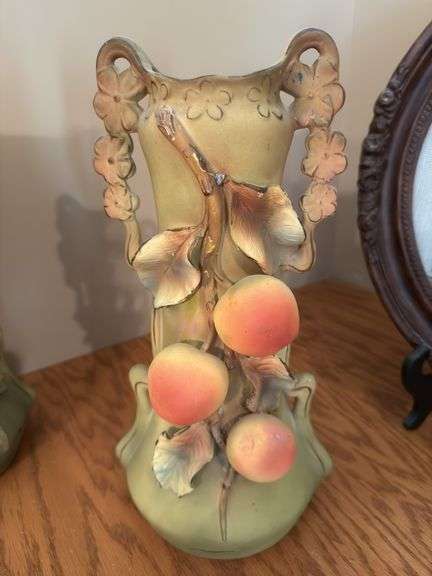 Pair of Majolica-Style Vases with Floral and Peach Decorations