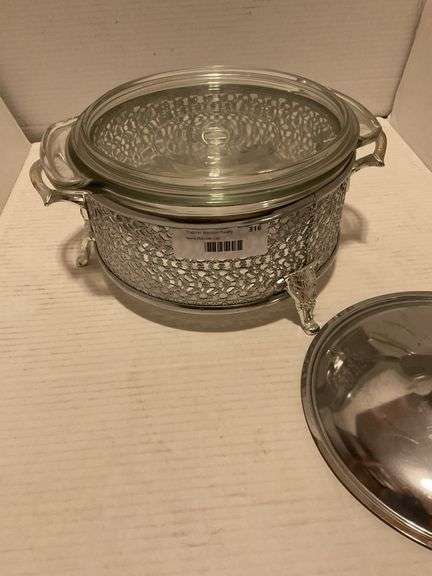 Vintage-Style Glass Casserole Dish with Ornate Metal Holder and Lids