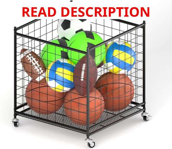 Ball Storage - 22.83" Basketball Cart With Wheels Garage Volleyball Storage Sport Equipment Holder Organizer For Indoor Outdoor,Metal Storage Rack For Playgroup,Gym And School image