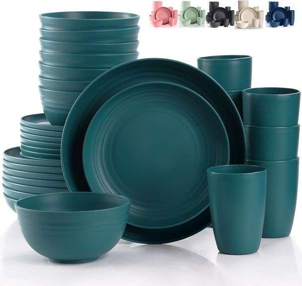 Green Unbreakable Plates and Bowls Sets Microwave and Dishwasher Safe,Dark Green Dinnerware Sets for 8,Reusable Plastic Dishes Set Lightweight for Kids Elderly Kitchen Adults Camping Outdoor image
