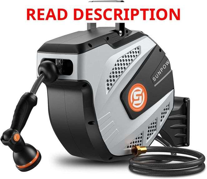 SUNPOW Retractable Garden Hose Reel - 1/2 inch x 50ft Wall Mounted Hose Reel with 3/4 inch Brass Fitting & 10 Function Sprayer Nozzle - Any Length Lock, Auto Rewind System, 180 Swivel Bracket - Grey image
