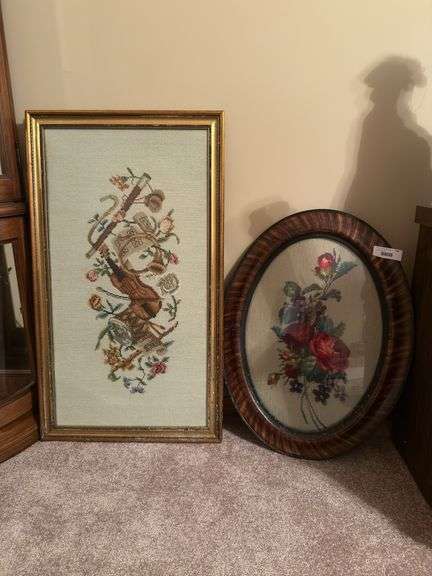 Framed Needlepoint Art - Musical Instrument and Floral