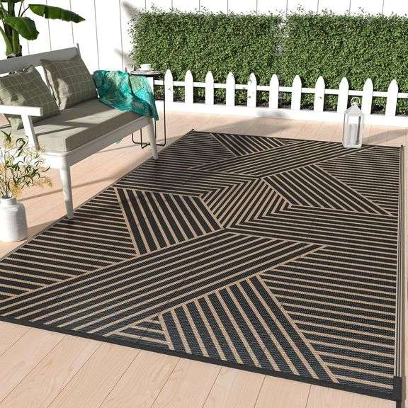 GENIMO Outdoor Rug 5'x8' for Patio Waterproof Clearance, Reversible Outdoor Plastic Straw Rug, Lightweight Carpet Camping Mat for Rv, Camper, Picnic, Balcony, Backyard, Deck, Porch, Black & Brown image