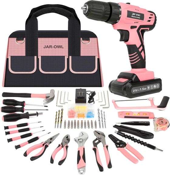 Jar-Owl 21V Pink Drill Set Kit - Power Drill for Women DIY with Storage Bag Tool Box, 350 in-lb Torque, 0-1350RPM Variable Speed, 10MM 3/8' Keyless Chuck, 1.5Ah Li-Ion Battery image