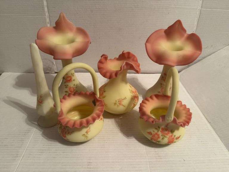 Fenton Style Hand Painted Rose Decorated Vases and Baskets (5 pieces)