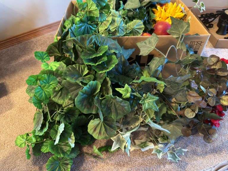 Box Lot of Assorted Artificial Flowers, Fruits and Greenery