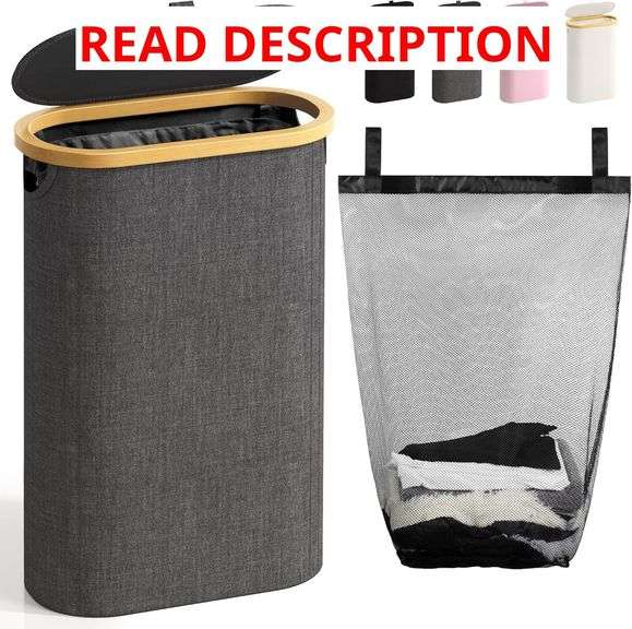 Slim Laundry Hamper with Lid, 60L Small Laundry Basket with Handles&Removable Bag, Thin Dirty Clothes Hampers for Laundry, Narrow Laundry Hampers for Bedroom Aesthetic, Dark Grey image