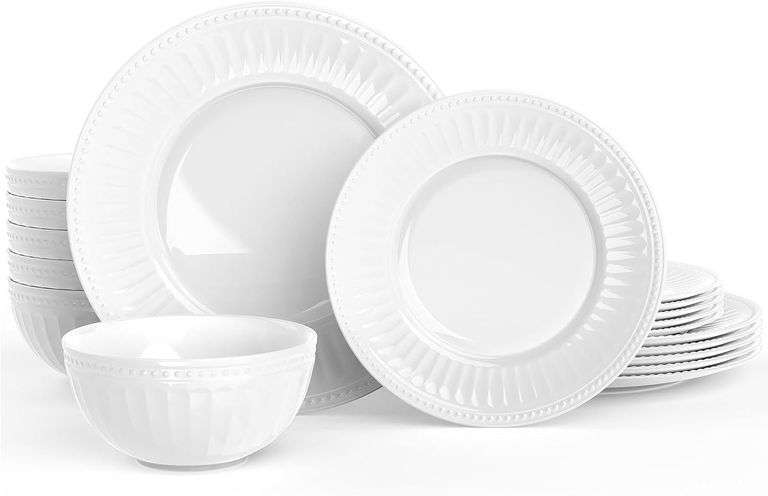 Dinnerware Set, HomeElves 18-PCS Kitchen Opal Embossed Dishes Set Service for 6, Lightweight Glass Plates and Bowls Set, Break and Chip Resistant, Dishwasher & Microwave Safe, Round image