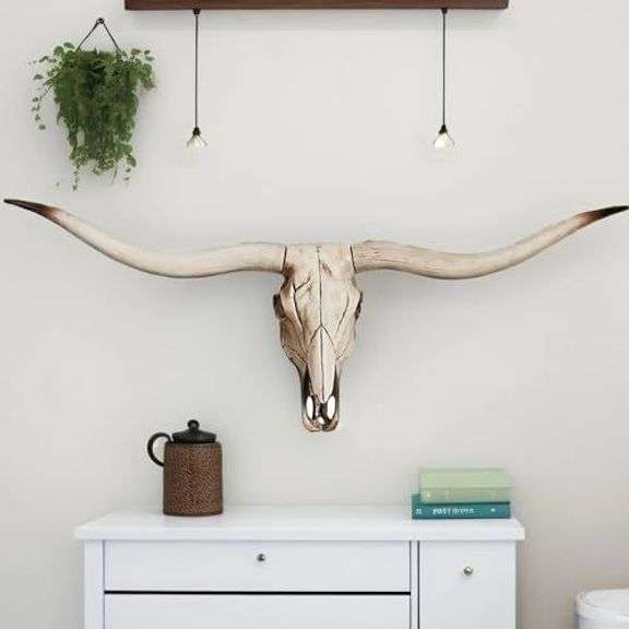 Faux Longhorn Skull Wall Decor - Handmade Faux Taxidermy Bull's Head Wall Hanging - Large Farmhouse Decor image