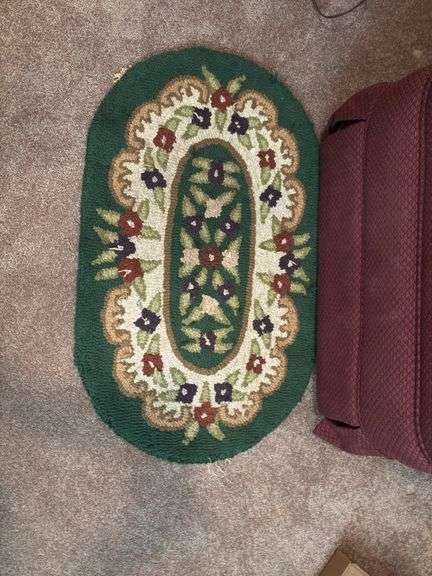 Upholstered Rocker Recliner with Needlepoint Accent Rug