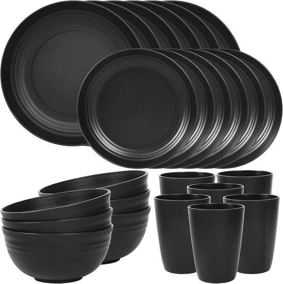 Quatish 24 Piece Plates and Bowls Sets of 6, Unbreakable Wheat Straw Dinnerware Sets, Plastic Dish Set for Camping, Dishwasher Microwave Safe, Outdoor Kitchen and Apartment Dinning Essentials, Black image