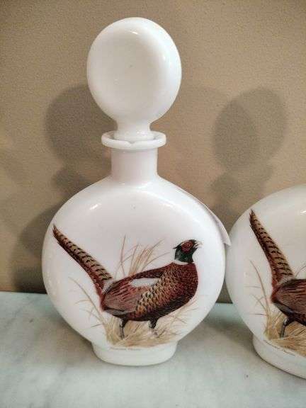 Pair of Milk Glass Decanters with Pheasant Design
