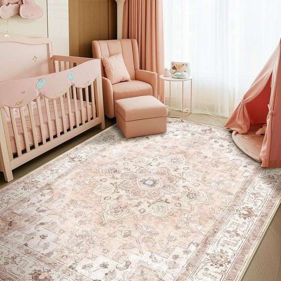Machine Washable Rugs Nursery Rug 6x9 Cute Girl Non Slip Low Pile Water Repellent Soft Print Pattern for Bedroom Indoor Decor Kids Playroom Pink image