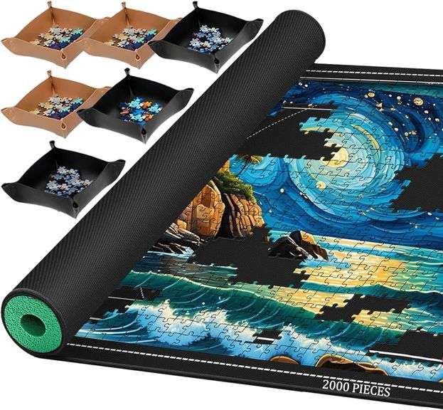 Jigsaw Puzzle Mat Roll Up, Portable Saver Pad 48 x 31 Up to 2000 Pieces, Puzzles Matt Rollup with Non-Slip Rubber Bottom & Smooth Top. (6 Puzzle Sorting Trays & 1 Storage Bag) image
