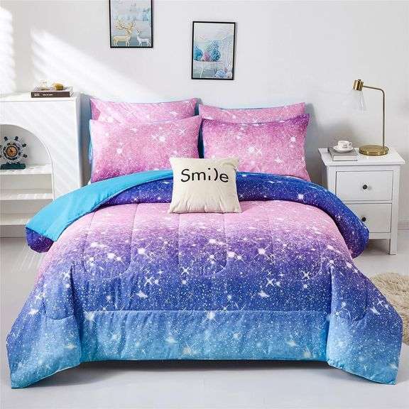 kiddiku Purple Glitter Comforter Set Full/Queen Size for Girls, Sparkle Galaxy Twinkle for Kids Teen,3 Piece Blue Purple Pink Ombre Pastel Bedding Set 2 Pillow Cases(Purple,Queen), Queen(3-Piece) image