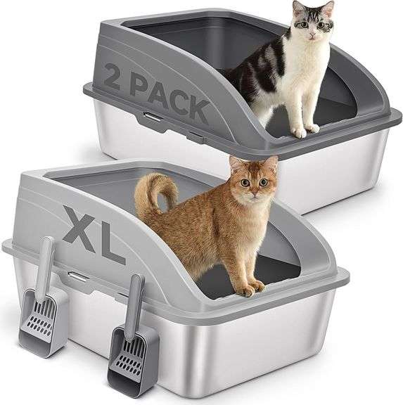 2 Pack Stainless Steel Cat Litter Box with Lid, XL Extra Large for Big Cats, 24" L x 16" W x 12" H, Metal Litter Box High Sided, Easy Cleaning, Include Scoop (Dark Gray & Light Gray) image