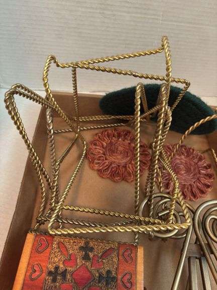 Mixed Lot: Decorative Wire Stands, Coasters, and Small Wooden Box