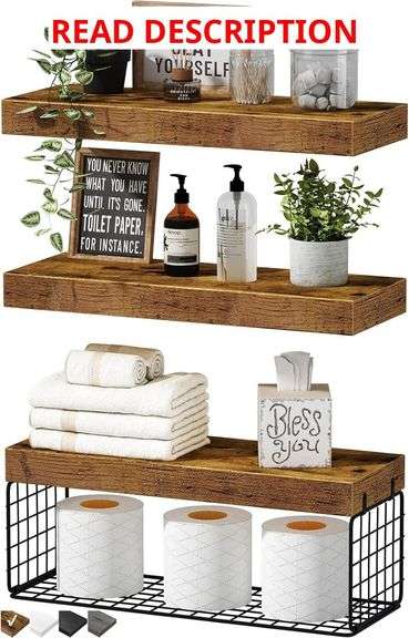 QEEIG Bathroom Shelves Over Toilet - Wall Mounted Floating Shelves Toilet Paper Storage Small Farmhouse Decor Shelf 16 inch Set of 3, Rustic Brown (019-BN3) image