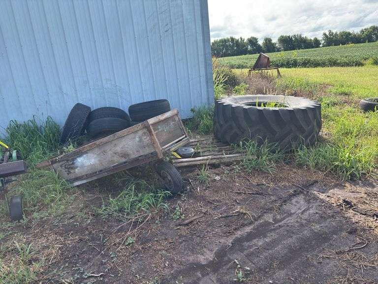 Farm Equipment Tires, Wooden Wagon and Misc Tires image