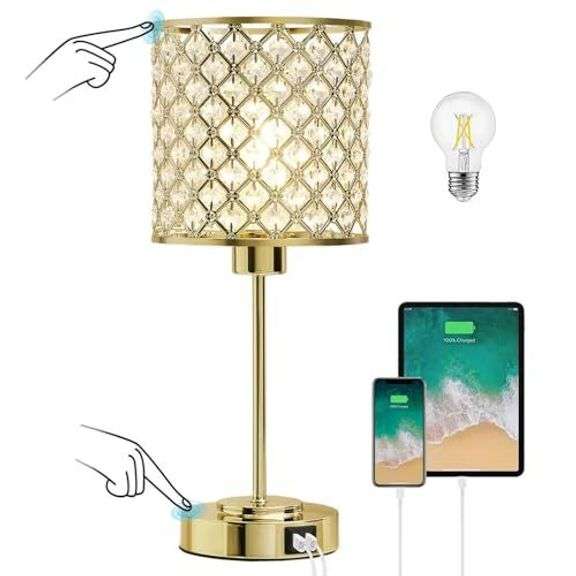 GyroVu Crystal Table Lamp, Crystal Touch Control with USB-C+A Ports, 3 Way Dimmable Gold Bedside Lamp with Bulb image