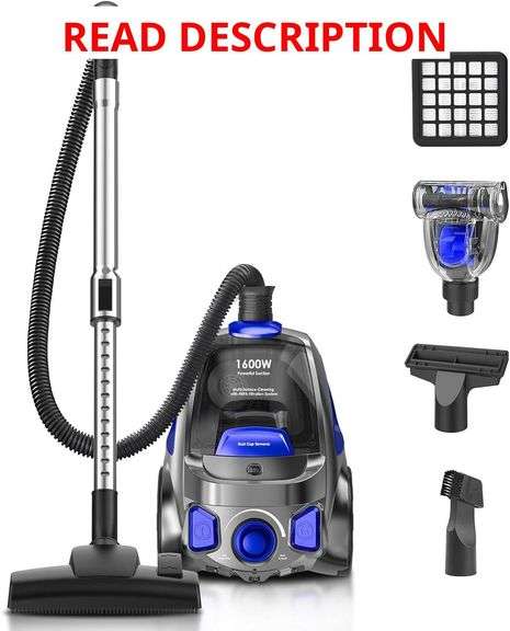 32Kpa 1600W Canister Vacuum Cleaner(Energy Class A), Cyclon Power, Dust Full Indicator, Double HEPA Filter, 3.7Qt Large Capacity, Lightweight Vac for Hard Floors, Carpets, Pet Hair, Blue image