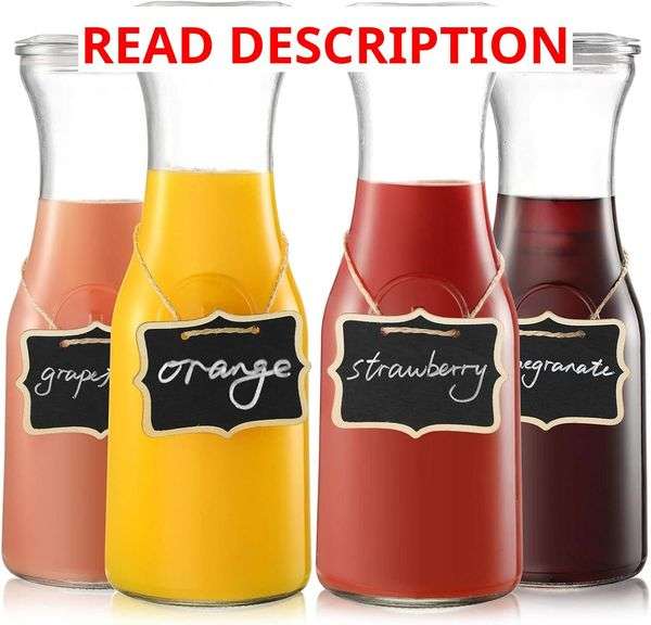 NETANY Set of 4 Glass Carafe with Lid, 1 Liter Beverage Serveware Carafe, Clear Glass Pitcher for Mimosa Bar, Brunch, Cold Water, Juice, Milk, Iced Tea, Lemonade image