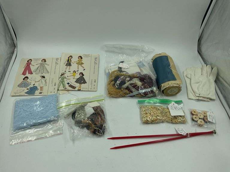 Sewing Lot - McCall's Doll Patterns, Lace, Buttons, Knitting Needles & More image