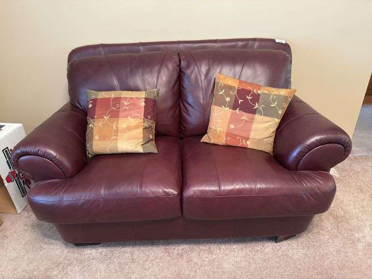 Burgundy Leather Loveseat with Throw Pillows