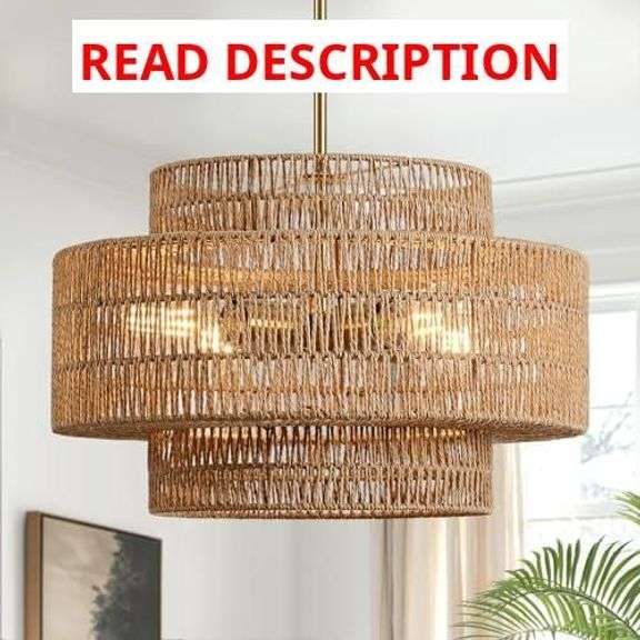 4-Light Boho Rattan Chandelier Light Fixture, 17.7 Hand Woven Rustic Chandeliers Farmhouse Chandelier Hanging Light for Dining Room Kitchen Island, Living Room, Foyer