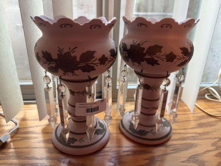 Pair of Floral Decorated Vanity Lamps with Crystals