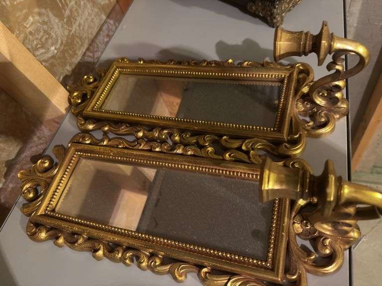 Pair of Ornate Gold Tone Wall Sconce Mirrors