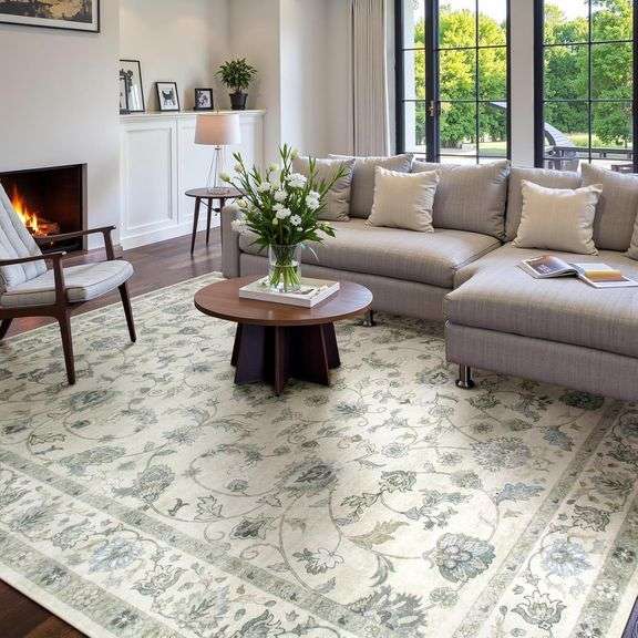 Wonnitar Washable 8x10 Area Rugs for Living Room, Soft Boho Floral Large Area Rug, Low Pile Non Slip Beige Floor Carpet for Bedroom Dining Room Home Office Department,(Grey-Beige,8x10) image