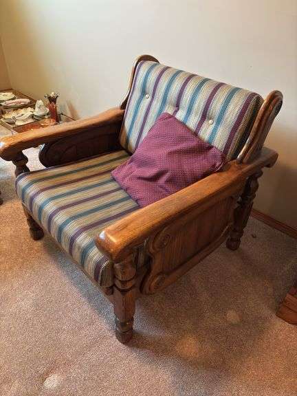 Ornate Solid Wood Armchair with Striped Upholstery