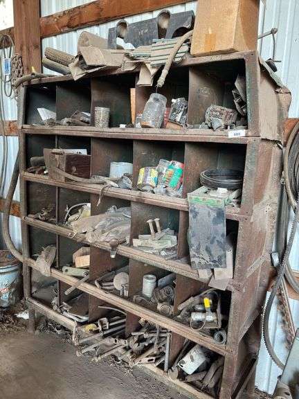 Metal Storage Rack with Assorted Parts and Hardware image
