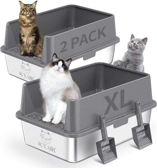 2PACK Stainless Steel Cat Litter Box with High Sides Lid, Extra Large XL Litter Box for Big Cats, Metal Kitty Litter Boxes with Anti-Leakage Enclosure,Non-Stick,Odorless,Scoop Included image