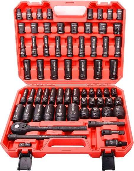 1/2" Drive Impact Socket Set,66-Piece 6 Point Deep&Standard Socket Set, CR-V Steel Sockets with Drive Ratchet Handle, extension bar (Metric and SAE, 1/2" Socket Set, 66pcs) image