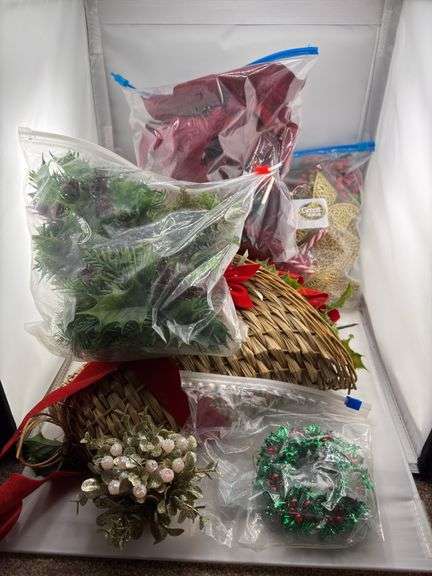 Christmas Craft Supply Lot - Artificial Holly, Poinsettias, Wreaths, and Ribbon image
