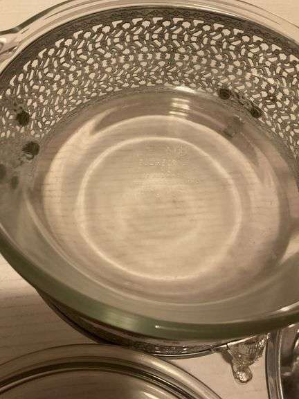 Vintage-Style Glass Casserole Dish with Ornate Metal Holder and Lids
