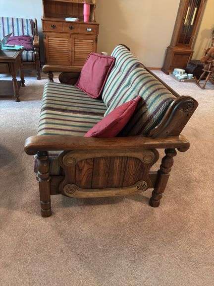 Upholstered Loveseat with Wood Frame and Red Pillows