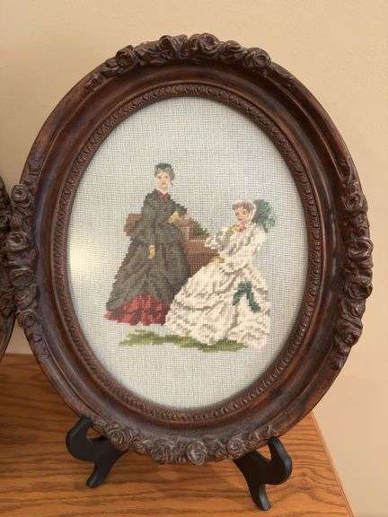 Pair of Oval Framed Needlepoint Pictures - Victorian Ladies