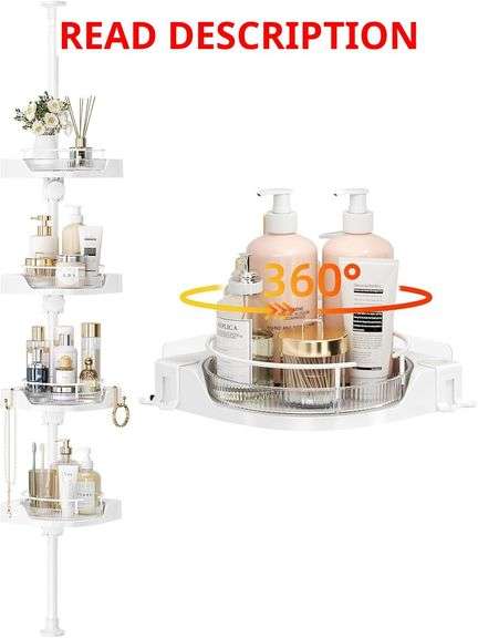 Shower Caddy Corner Tension Pole with 4 L-Lazy Susan Organizer 360 Rotating 35-128 Inch No Drilling Floor Standing Shelves Adjustable Shower Rack for Bath Essentials (White) image