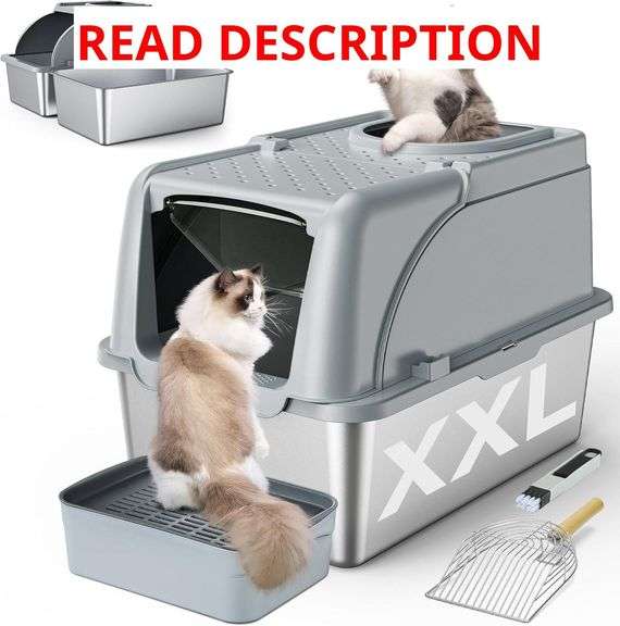 Stainless Steel Litter Box, XXL Large Metal Covered Litter Boxes, Dual Entrance Detachable Cat Litter Box with Lid, 16.6' High Wall Urine Leak Prevention with Cat Litter Scoop (Gray) image