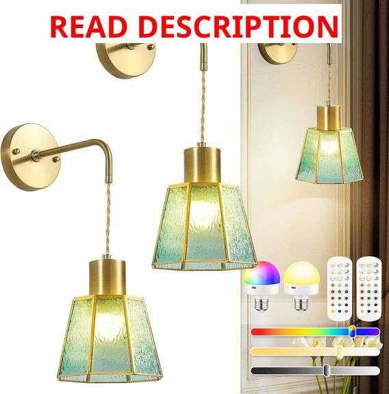 Wall Sconces Set of Two Battery Operated, Wireless Rechargeable Wall Lights, Vintage Wall Lamps with Remotes and Dimmable RGB LED Bulbs, Indoor Blue Glass Sconces Wall Decor for Bedroom Living Room image