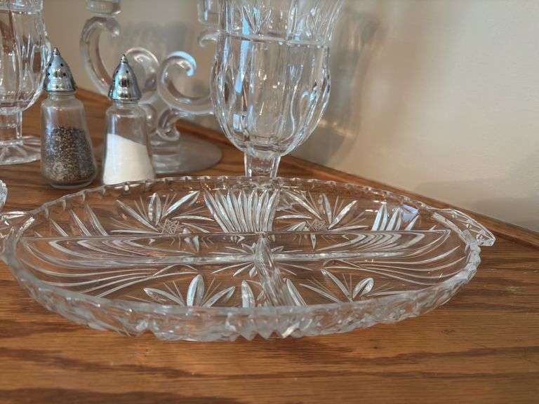 Pressed Glass Collection: Centerpiece, Candlestick, Salt & Pepper Shakers, and Dishes
