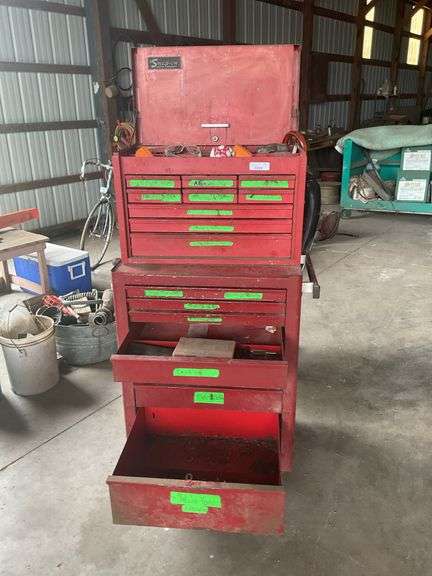 Rolling Red Metal Tool Chest with Assorted Tools image