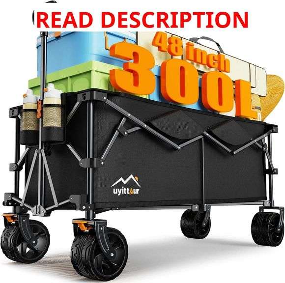 300L Extra Large Collapsible Foldable Wagon, 440lbs Load Capacity 48'L Extended Heavy Duty Folding Beach Wagon with Big All-Terrain Wheels, Utility Garden Cart for Outdoor Activities, Black image