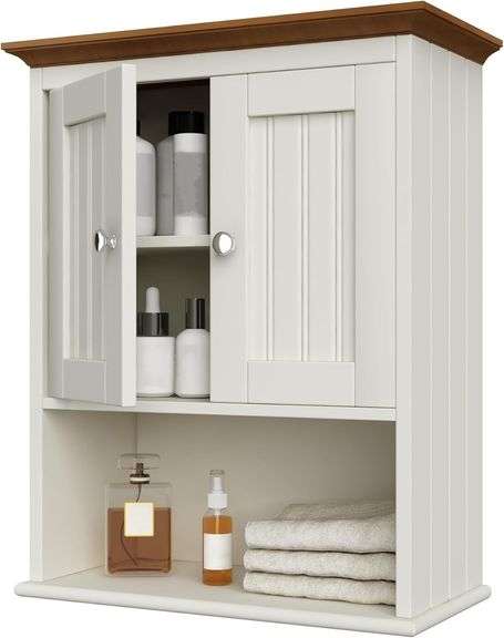 Treocho Wood Wall Cabinet, Bathroom Medicine Cabinet Storage with Doors and Adjustable Shelf, Rustic Cabinet Wall Mounted for Bathroom, Living Room, Kitchen, White & Brown image