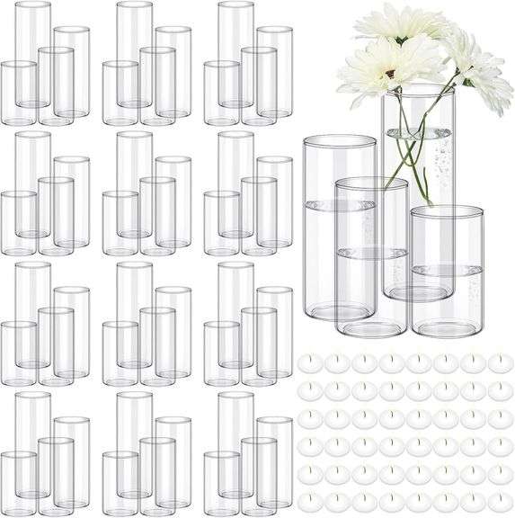 Jinei 48 Pcs 4 Sizes Glass Cylinder Vase Round Clear Vases Hurricane Floating Candle Holder with 96 Pcs Floating Candles for Holiday Wedding Centerpieces Party Event Home Decor (4/5/ 6/7 Inch Tall) image