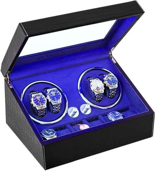 Automatic Watch Winder for 4 Watches with 6 Watch Storage Display Case - Japanese Quiet Motor, 4 Rotation Modes, LED Backlight,Watch Winder Box for Collection Display (Black Crocodile Skin) image